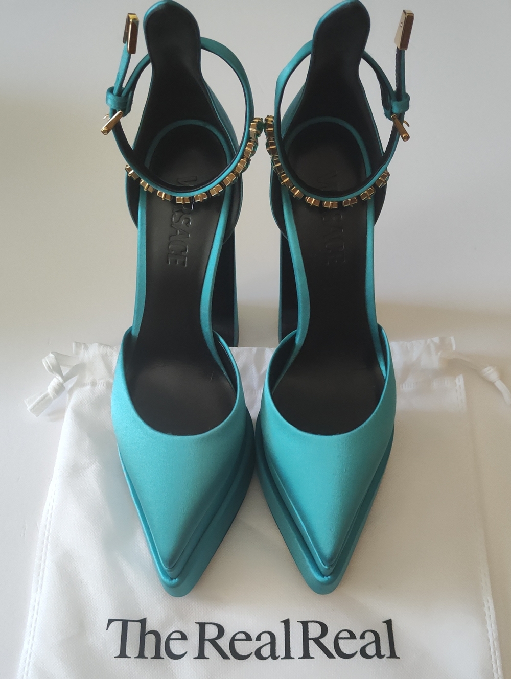 VERSACE Medusa "Aevitas" Teal Satin  Crystal Ankle Strap Heels size 38.5 US 7.5
